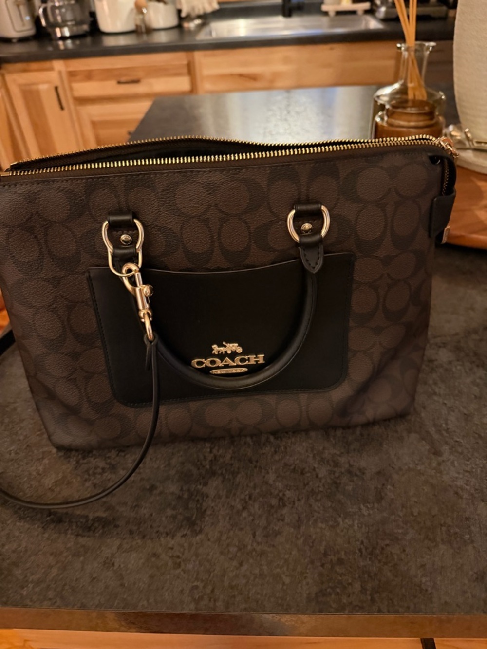 Coach Brown Signature Canvas Satchel with Black Leather Trim and Gold Hardware